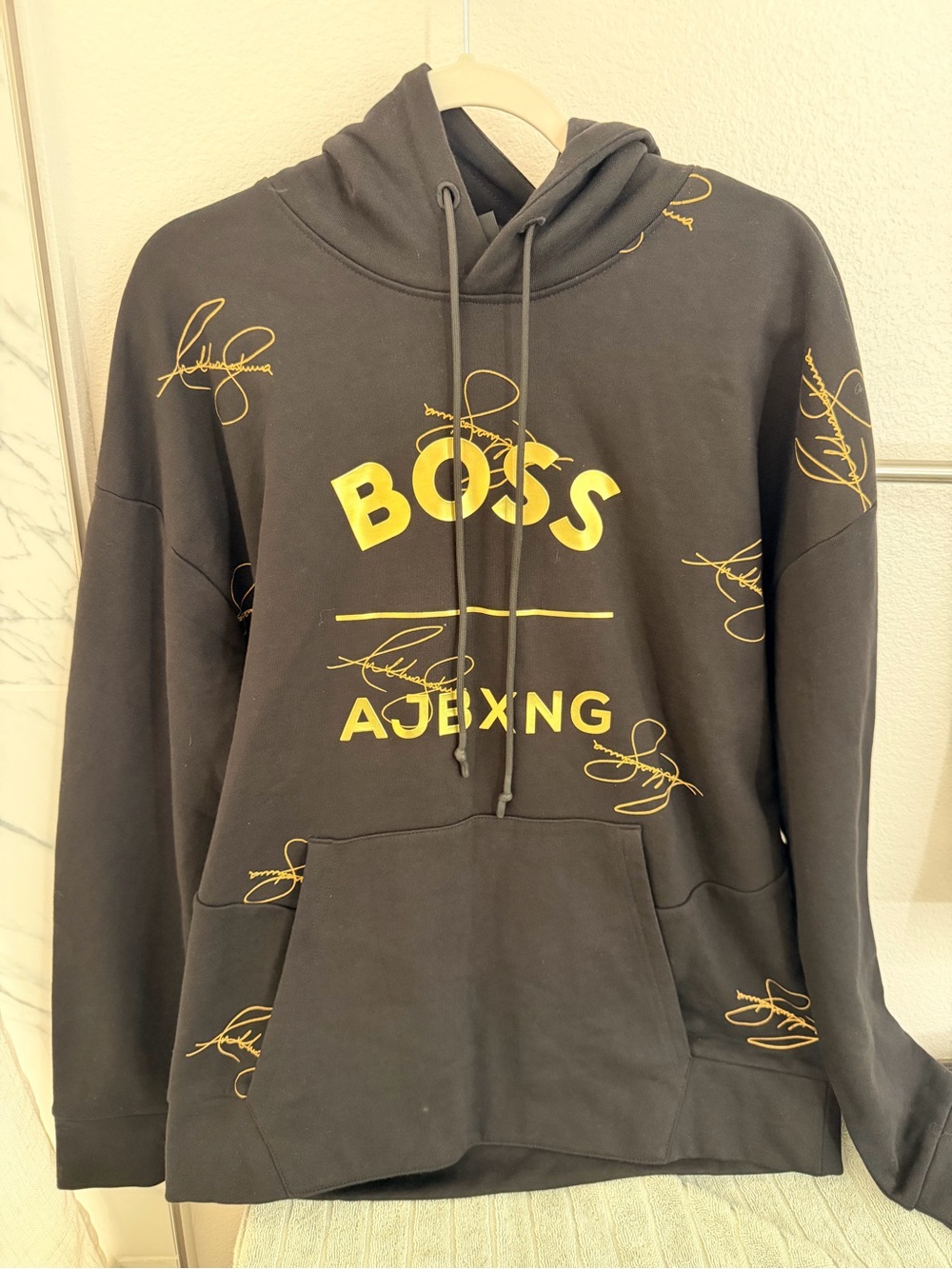 Hugo Boss Black Crewneck Hoodie with Yellow Logo and Signature Print